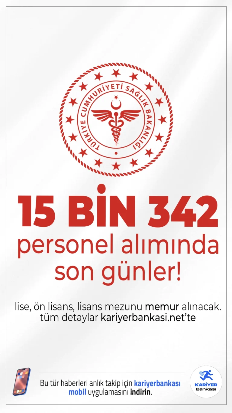 Sağlık Bakanlığı 15 Bin 342 Personel Alımınında Son Günler!Resmi Gazete'de yayımlanan duyuruda , Sağlık Bakanlığına KPSS 2025/4 tercihleri ile ortaöğretim, ön lisans ve lisans mezunlarından toplamda 15.342 sözleşmeli personel alımı yapılacağı aktarıldı.