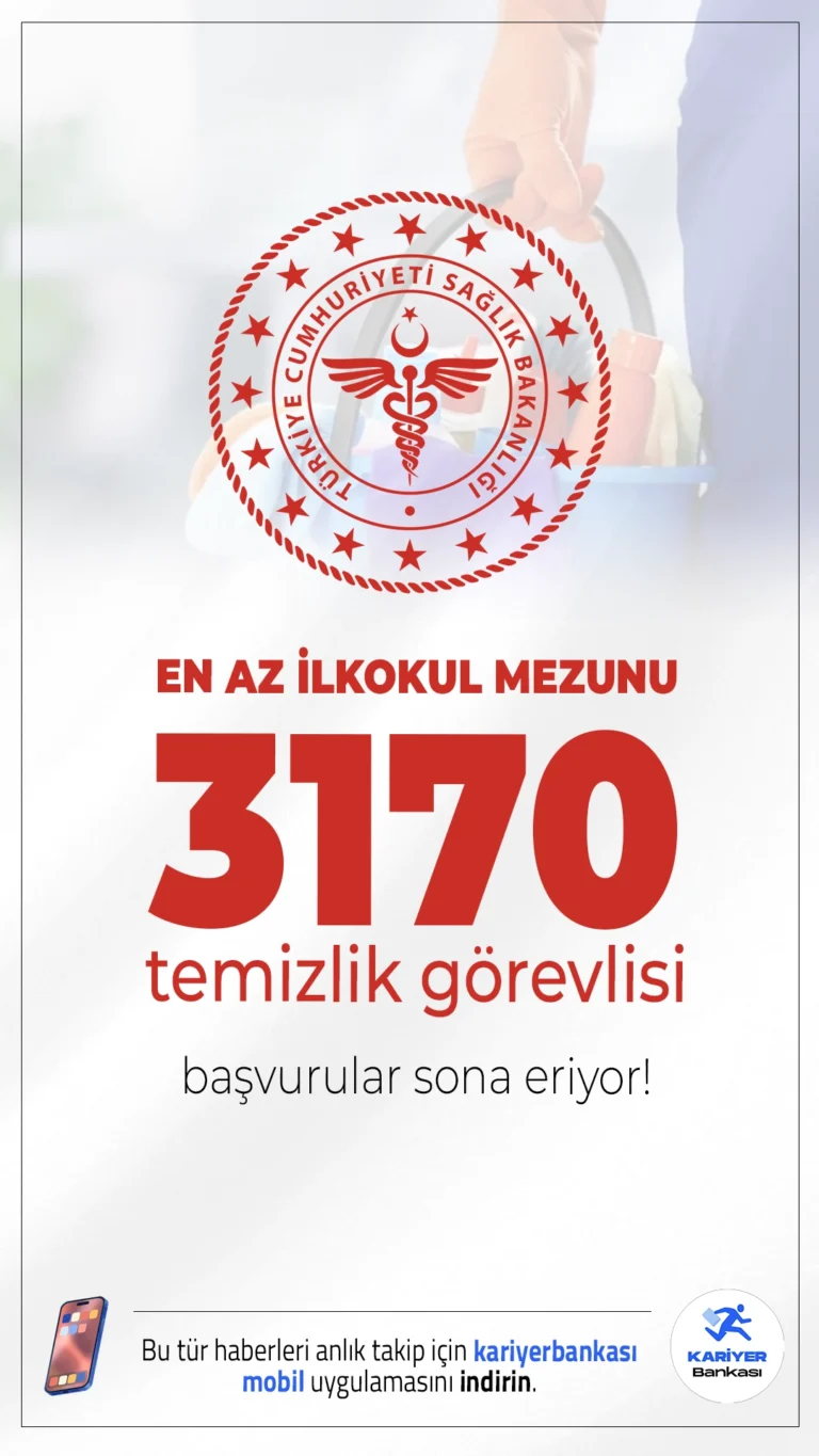 Sağlık Bakanlığı 3170 Temizlik Görevlisi Alımı Sona Eriyor.Sağlık Bakanlığı, merkez ve taşra teşkilatlarında görevlendirilmek üzere 3170 temizlik görevlisi alımı başvurularında sona gelindi.