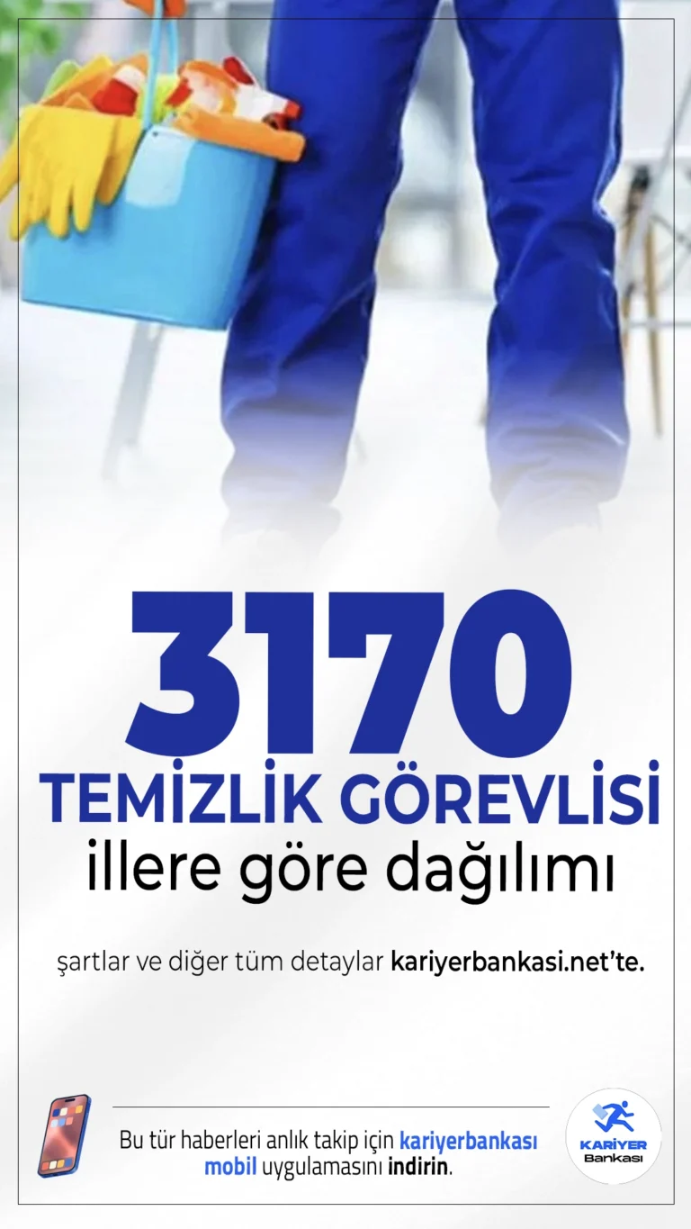 3170 Temizlik Görevlisi Alımı İllere Göre Dağılım.Sağlık Bakanlığı, merkez ve taşra teşkilatlarında görevlendirilmek üzere 3 bin 170 temizlik görevlisi alımı başvuruları başladı.İŞKUR üzerinden yayımlanan duyuruya göre şartlar, illere göre dağılım ve ilan numaraları belli oldu. İşte tüm detaylar...