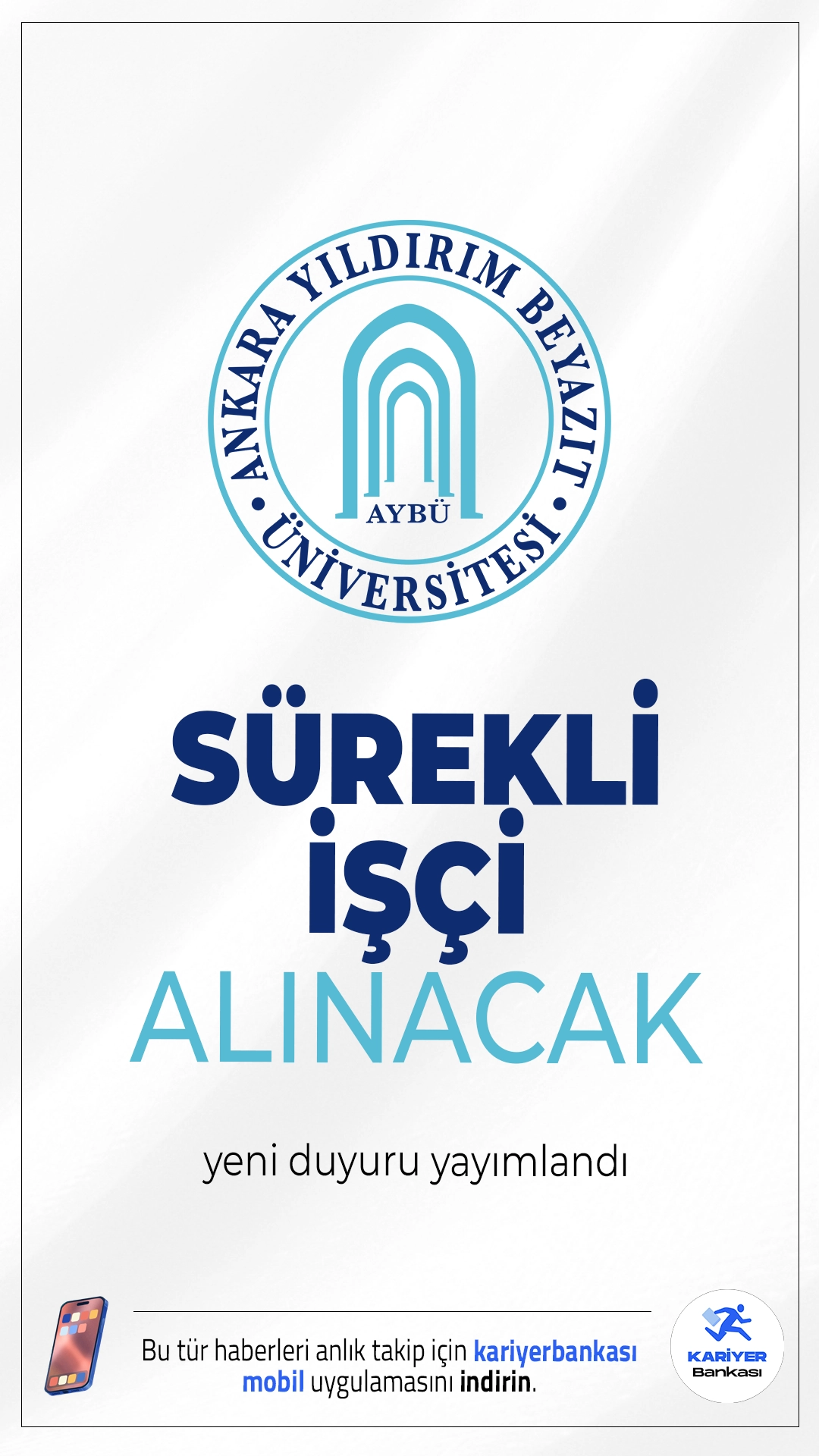 Ankara Yıldırım Beyazıt Üniversitesi (AYBÜ) 5 Sürekli İşçi Alımı Yapacak.Ankara Yıldırım Beyazıt Üniversitesi, kendi bünyesinde görevlendirilmek üzere İŞKUR aracılığıyla çeşitli kadrolarda 5 sürekli işçi alımı gerçekleştireceğini duyurdu. Alımlar 4/D statüsünde ve 657 sayılı Devlet Memurları Kanunukapsamında yapılacak. Başvurular 7 Mayıs 2025 itibarıyla başlayacak ve 5 gün sürecek.