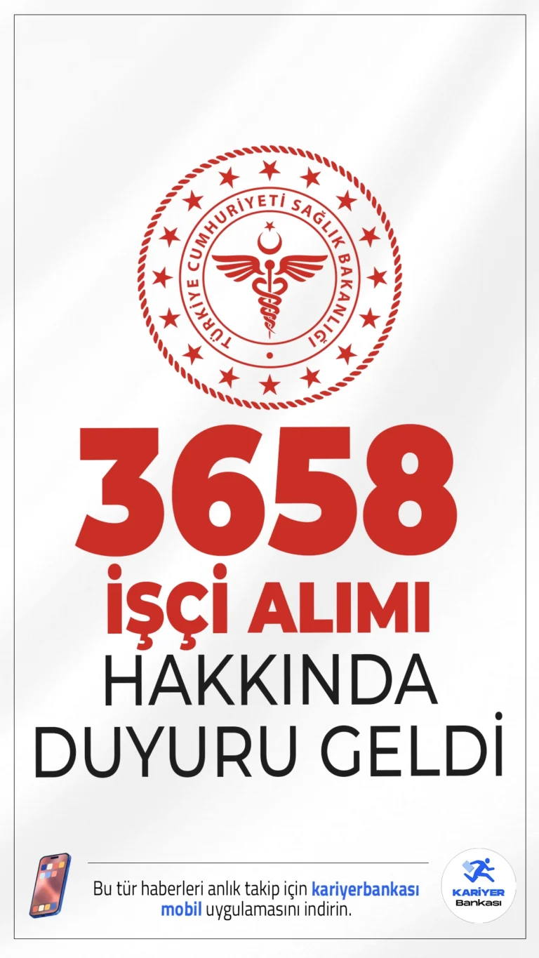 Sağlık Bakanlığı 3658 İşçi Alımı Göreve Başlama Hakkında Duyuru Yayımlandı. Sağlık Bakanlığı Yönetim Hizmetleri Genel Müdürlüğü sayfasından yayımlanan duyuruda, Sürekli işçi asıl olarak yerleşenlerin göreve başlama taleplerini içeren başvuruları 30 Mayıs - 24 Haziran 2025 tarihleri arasında alınacağı aktarıldı.Başvurular şahsen yapılacak olup posta, kargo veya kurye ile yapılan başvurular kabul edilmeyecektir.