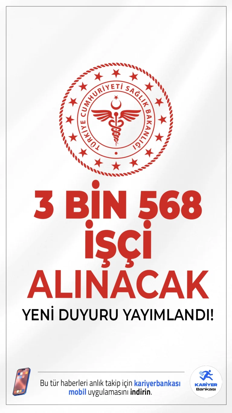 Sağlık Bakanlığı 3 Bin 658 İşçi Alımı Yapacak.Resmi Gazete'de yayımlanan duyuruda, Sağlık Bakanlığına temizlik görevlisi, güvenlik görevlisi, klinik destek elemanı ve aşçı ünvanlarında olmak üzere toplamda 3.658 işçi alımı yapılacağı aktarıldı. Başvurular 5 Mayıs-9 Mayıs 2025 tarihleri arasında Türkiye İş Kurumu (İŞKUR) üzerinden gerçekleştirilecek.