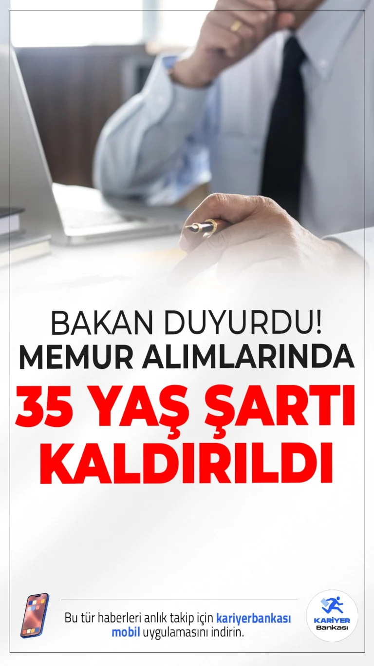 Adalet Bakanlığı Memur Alımlarında 35 Yaş Şartı Kaldırıldı.Adalet Bakanı Yılmaz Tunç'un yaptığı son dakika açıklamasında, Adalet Bakanlığına memur alımlarında 35 yaş şartının kaldırdığını duyurdu. 35 yaş şartının yanı sıra, yeni kadrolar, KPSS puan türlerinin değerlendirilmesi ve rotasyon uyguları gibi birçok değişikliğin yapıldığı aktarıldı.