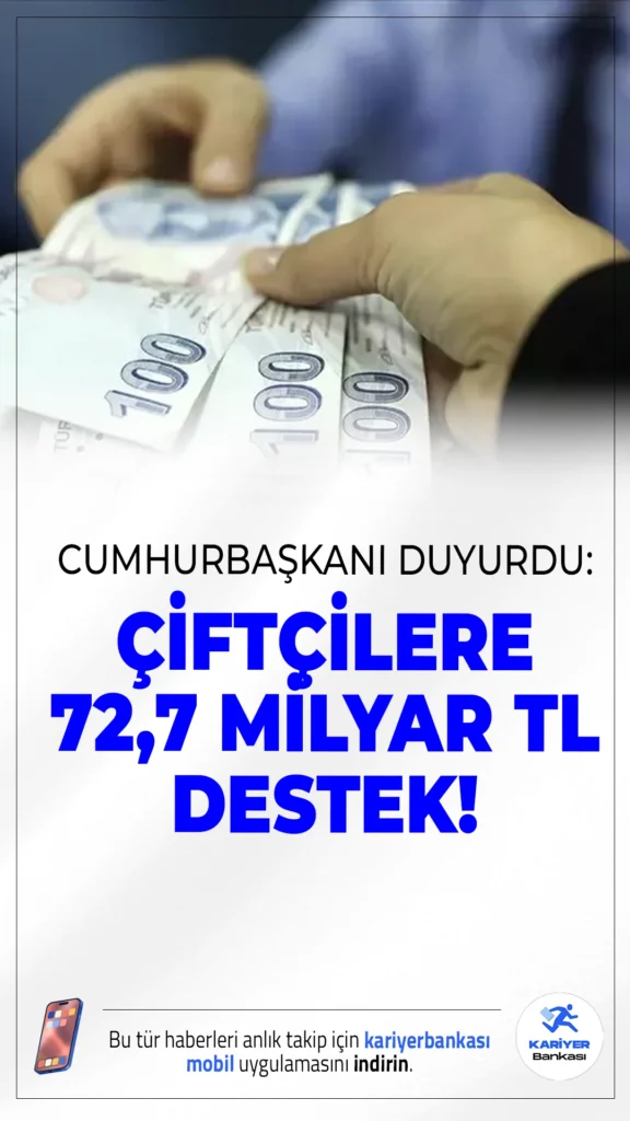 Erdoğan’dan Çiftçilere Dev Destek: 72,7 Milyar TL’lik Ödeme Yolda.Tarım sektörüne yönelik açıklamalarda bulunan Cumhurbaşkanı Erdoğan, çiftçilere 72,7 milyar TL'lik destek verileceğini duyurdu. Destekler; mazot, gübre, çay, buğday ve arpa gibi kalemleri kapsıyor.