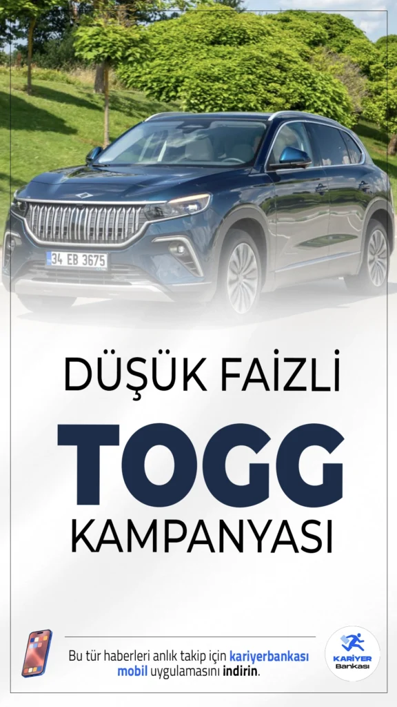 Ailelere Uzun Vadeli, Düşük Taksitli TOGG Kampanyası Geliyor.Aileler için TOKİ benzeri, düşük faizli ve uzun vadeli TOGG kampanyası başlıyor. Başvurular bu yıl içerisinde açılacak.