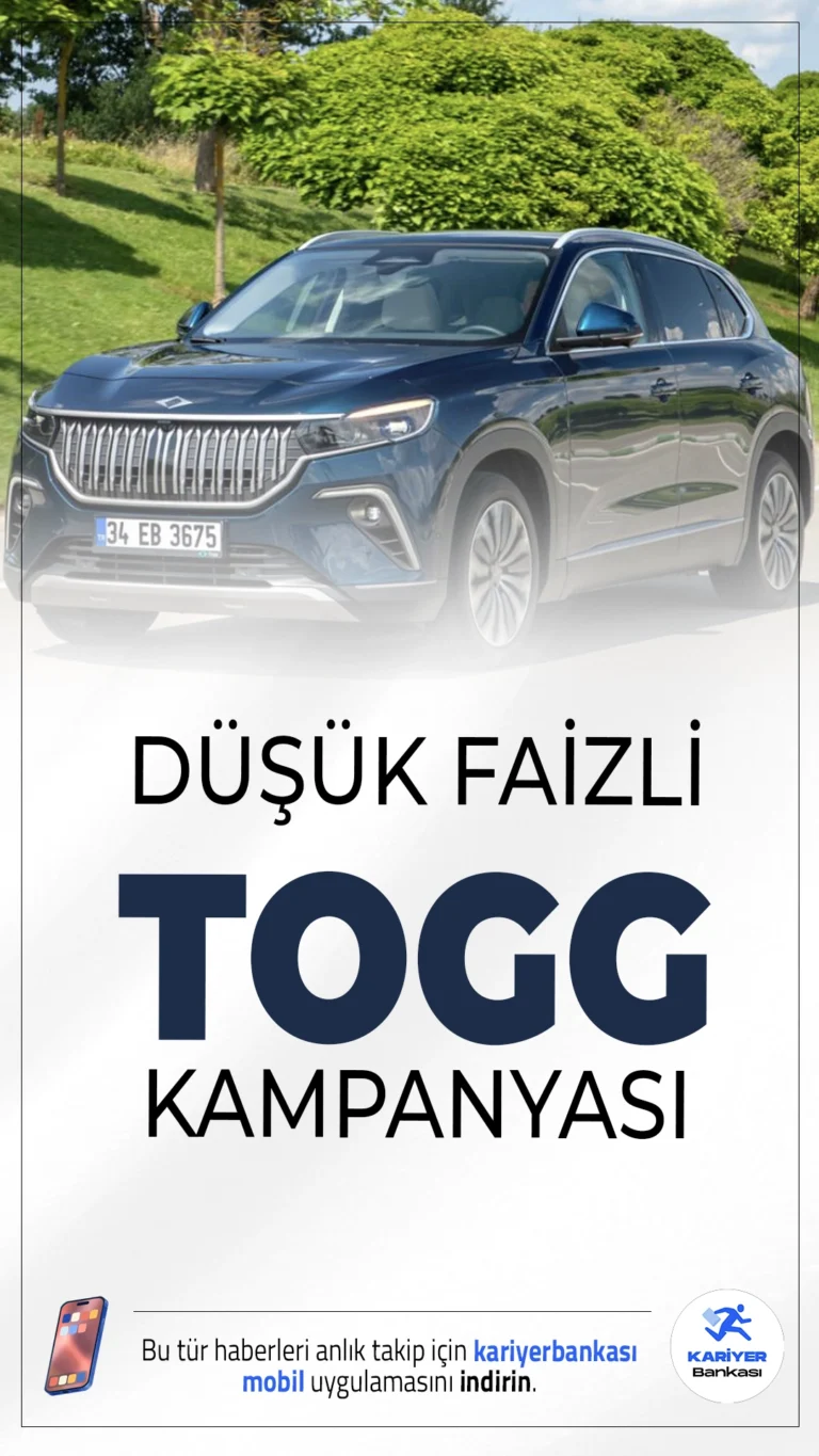 Ailelere Uzun Vadeli, Düşük Taksitli TOGG Kampanyası Geliyor.Aileler için TOKİ benzeri, düşük faizli ve uzun vadeli TOGG kampanyası başlıyor. Başvurular bu yıl içerisinde açılacak.