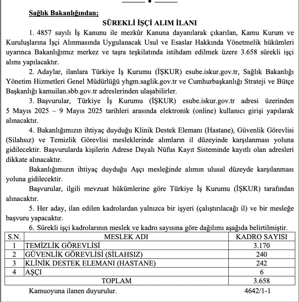  sağlık bakanlığı 3658 işçi alımı