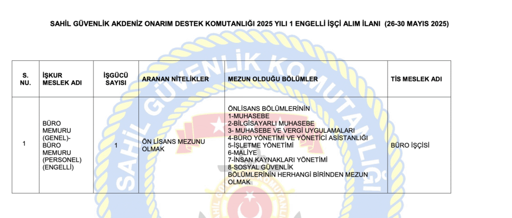 Sahil Güvenlik engelli İşçi alımı