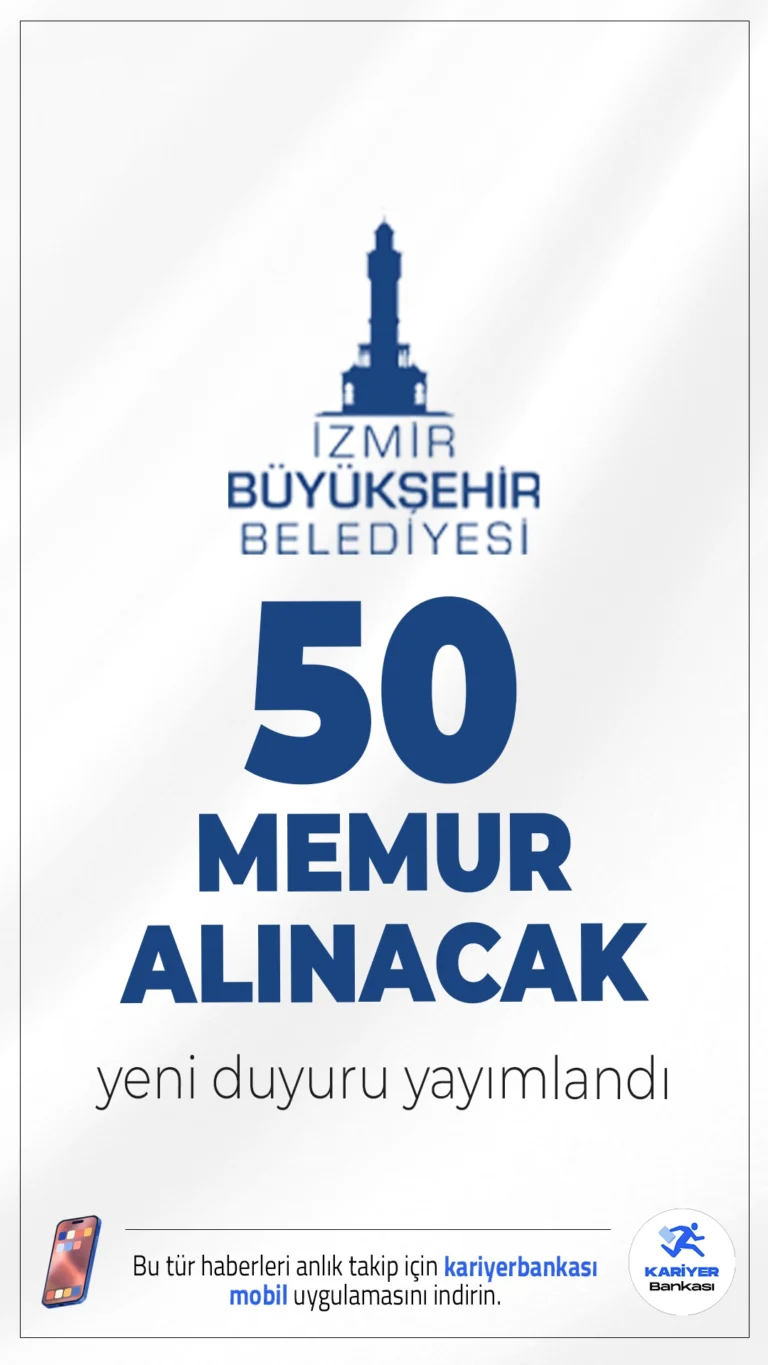 İzmir Büyükşehir Belediyesi 50 Memur Alımı Yapacak!İzmir Büyükşehir Belediyesi, 657 sayılı Devlet Memurları Kanunu'na tabi olarak istihdam edilmek üzere 50 zabıta memuru alımı gerçekleştireceğini duyurdu. Alımlar, lisans ve ön lisans mezunu adaylar arasından KPSS puanına göre yapılacak ve adaylardan belirli özel nitelikleri taşımaları beklenecek.