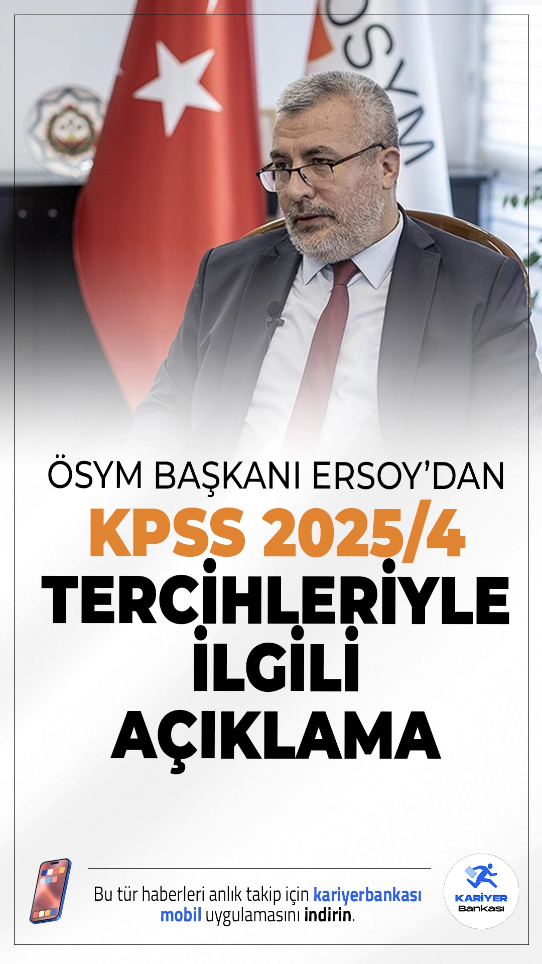 ÖSY'M Başkanı Ersoy'dan KPSS 2025/4 Tercihleriyle İlgili Açıklama Geldi.ÖSYM Başkanı Ali Ersoy'un sosyal medya hesabından yaptığı açıklamada "KPSS sonuçlarına göre merkezi yerleştirme ile Sağlık Bakanlığına yapılacak olan 15.342 sözleşmeli personel alımına yönelik teknik çalışma devam etmektedir. Çalışmanın tamamlanmasıyla birlikte tercih süreci başlatılacaktır. Başvurular 8 Mayıs’ta sona erecek." ifadelerini kullandı.