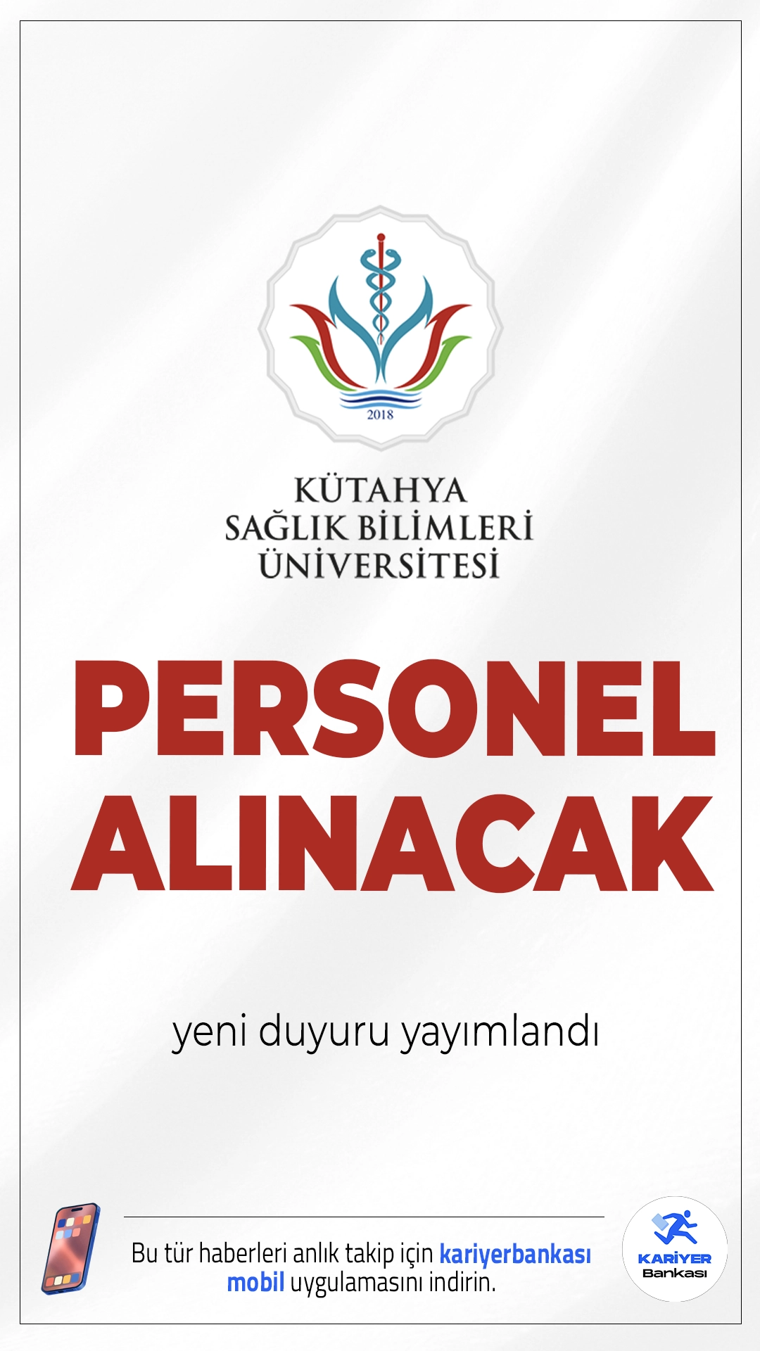 Kütahya Sağlık Bilimleri Üniversitesi (KSBÜ9 Personel Alımı Duyurusu Yayımlandı.Kütahya Sağlık Bilimleri Üniversitesi, 657 sayılı Devlet Memurları Kanunu’nun 4/B maddesi kapsamında toplam 4 destek personeli alımı gerçekleştireceğini duyurdu. Alımlar, KPSS 2024 P94 puan sıralaması esas alınarak, herhangi bir yazılı veya sözlü sınav yapılmaksızın gerçekleştirilecek.