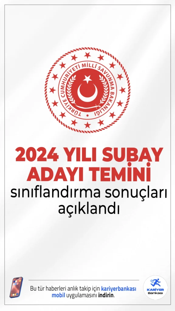 TSK 2024 Yılı Subay Adayı Temini Sınıflandırma Sonuçları Açıklandı.2024 yılı muvazzaf subay temin süreci kapsamında asil listede yer alan adayların kayıt işlemleri 26-30 Mayıs 2025 tarihleri arasında gerçekleştirilecek.