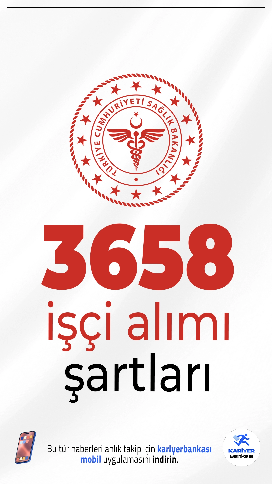 Sağlık Bakanlığı 3658 İşçi Alımı Şartları Belli Oldu. Sağlık Bakanlığı 19 bin personel alımı kapsamında 3 bin 658 sürekli işçi alımı yapacak. Başvurular 5 Mayıs itibarıyla İŞKUR üzerinden alınacak. Başvuru yapacak adayların genel şartların yanı sıra, özel şartları da dikkatle incelemesi gerekmektedir. İşte şartlar...