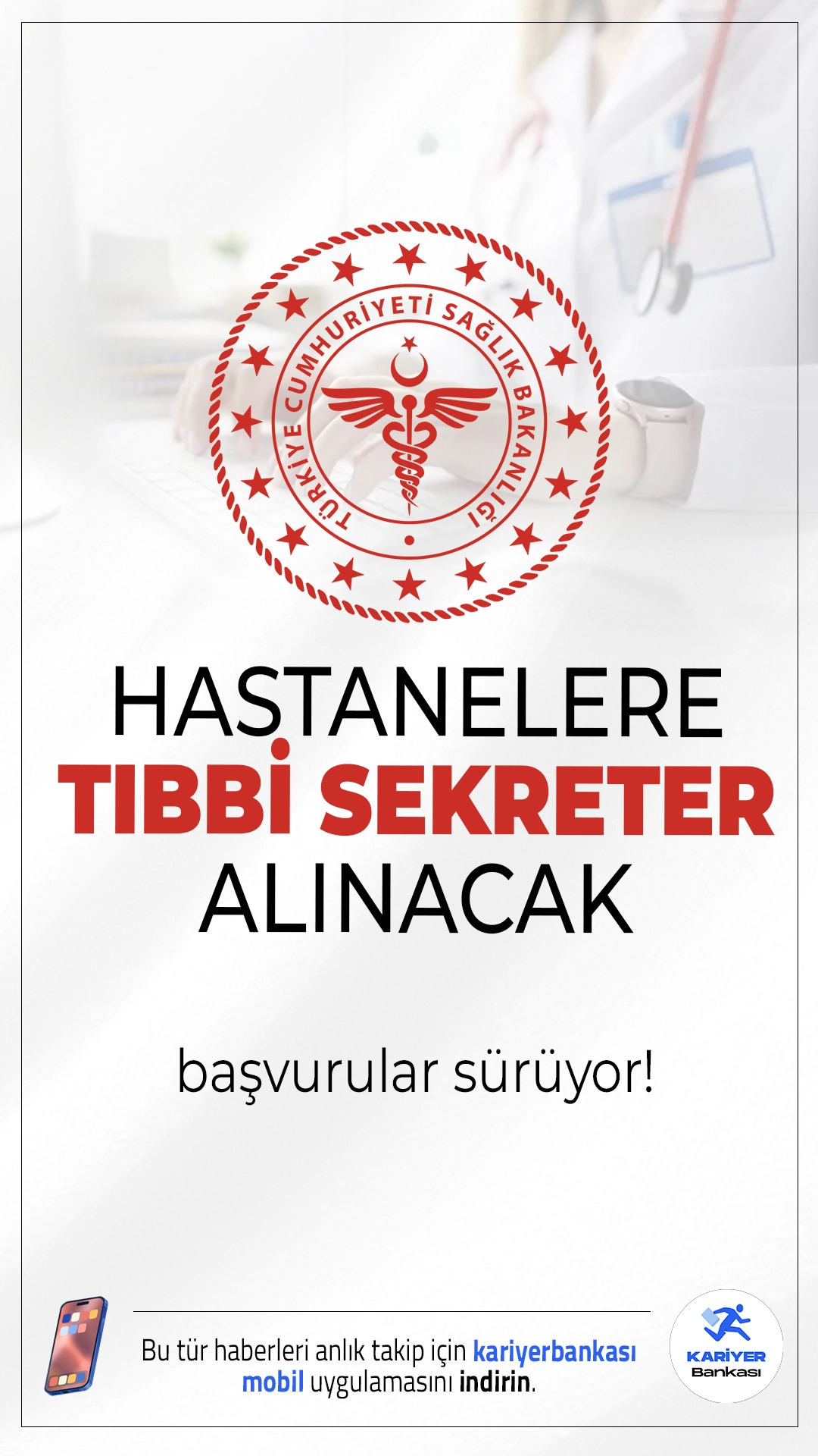 Sağlık Bakanlığı 487 Tıbbi Sekreter Alımı Başvuruları Sürüyor.KPSS 2025/4 ile Sağlık Bakanlığı 81 ilde hastanelere 487 tıbbi sekreter alımı yapacak. ÖSYM üzerinden yayımlanan tercih kılavuzuna göre, Sağlık Bakanlığına 15 bin 342 personel alımı kapsamında ortaöğretim ve ön lisans mezunu adaylar arasından tıbbi sekreter alımı gerçekleştirilecek.Tıbbi sekreter alımı başvuruları 2 Mayıs itibarıyla alınmaya başlandı. Başvuru yapacak adayların başvuru şartlarını ve nitelik kodlarını sağlaması gerekmektedir.