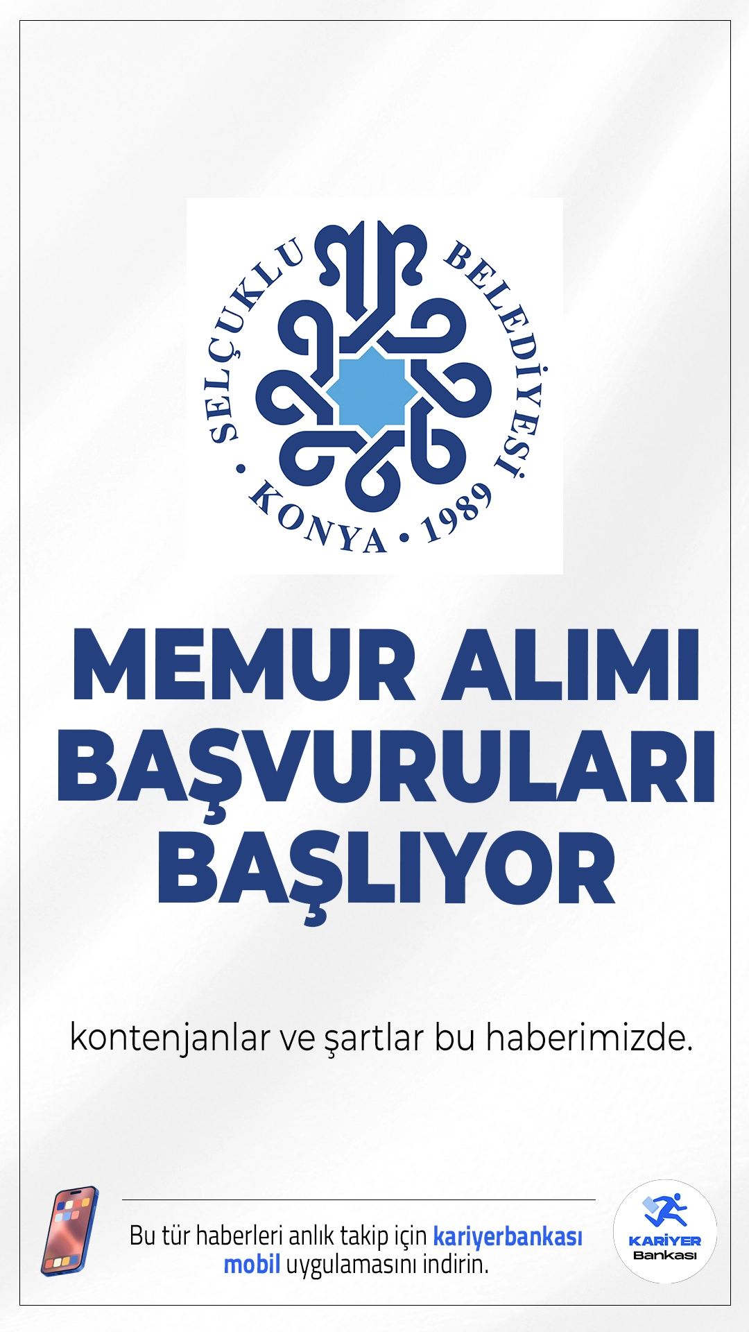 Selçuklu Belediyesi 45 Memur Alımı Başvuruları 20 Mayıs'ta Başlıyor.Selçuklu Belediyesi ilk defa atanmak üzere memur alımı gerçekleştirecek. İlgili alım duyurusunda alımların memur, tahsildar ve zabıta memuru kadrolarını kapsadığı aktarıldı.