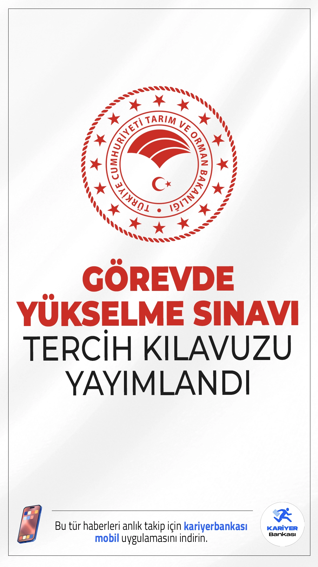 Tarım Bakanlığı Görevde Yükselme Sınavı Tercih İşlemleri Başladı. Tarım ve Orman Bakanlığı sayfasından yayımlanan duyuruda, "Merkez ve taşra teşkilatımızda 657 sayılı Devlet Memurları Kanunu'nun 4/A maddesine tabi olarak görev yapan personel için gerçekleştirilen Görevde Yükselme Sınavına ait “Tercih Kılavuzu" aşağıdaki bağlantıda yer almaktadır." ifadeleri yer aldı.