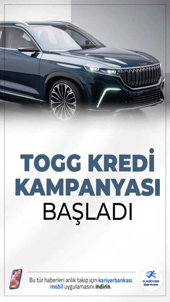 Ayda 17.512 TL Taksitle TOGG Kredi Kampanyası Başladı.TOGG almak isteyenler için müjdeli haber geldi! Yeni kampanya kapsamında faizsiz ve düşük faizli kredi seçenekleri ile TOGG sahibi olmak artık çok daha kolay.