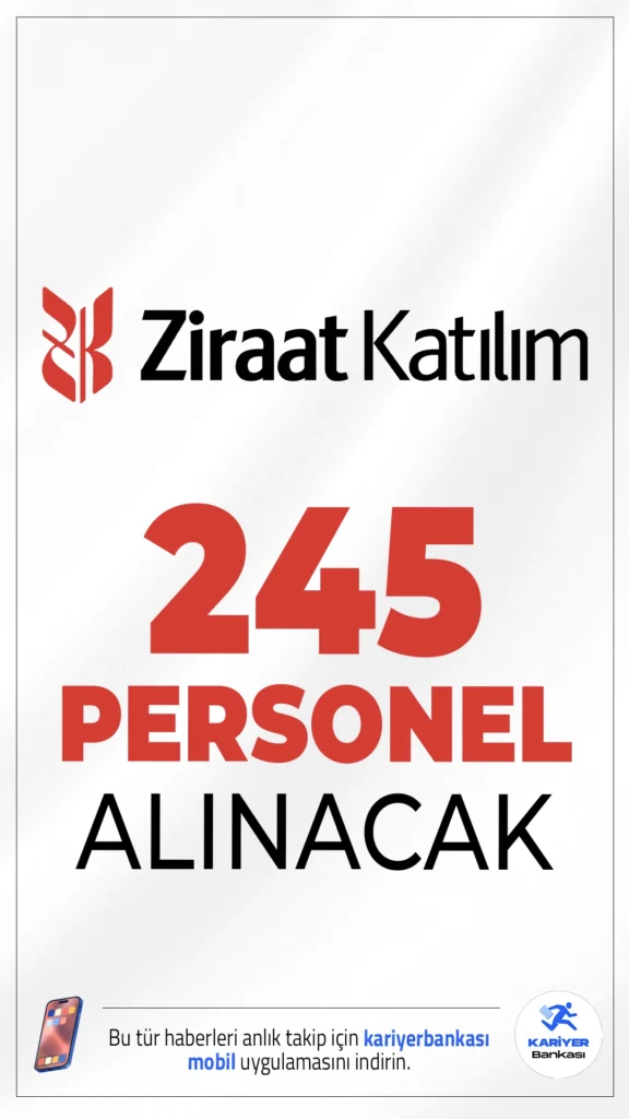 Ziraat Katılım Bankası 245 Personel Alımı Yapacak.Ziraat Katılım Bankası, 2025 yılı içerisinde toplamda 245 personel alımı yapacağını duyurdu. Alım yapılacak pozisyonlar arasında 150 Servis Görevlisi, 75 Uzman Yardımcısı ve 20 Müfettiş Yardımcısı yer alıyor. Başvurular 21 Mayıs 2025 tarihinde başlayacak olup, 13 Haziran 2025 saat 23:59’a kadar devam edecek.