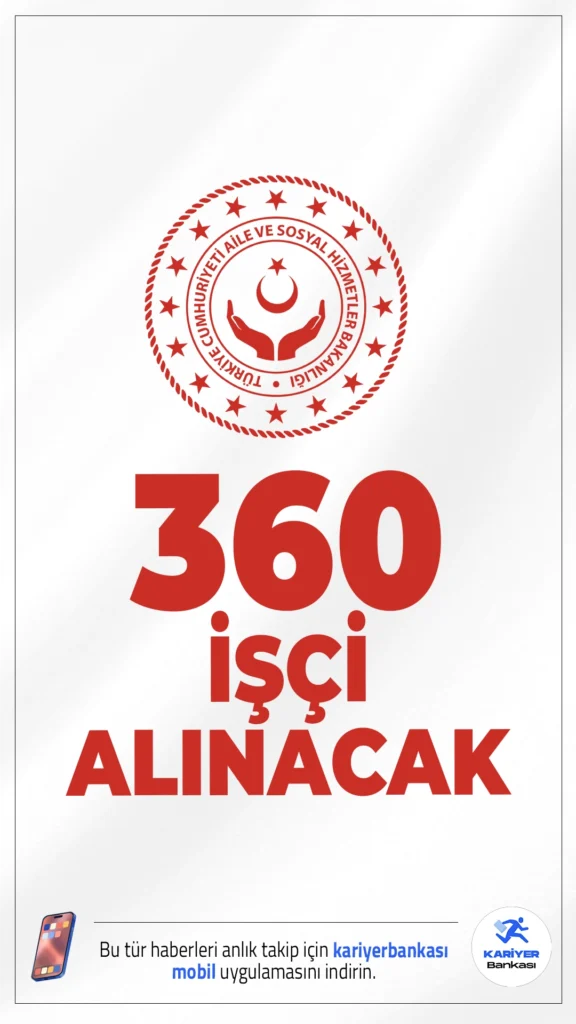 Aile Bakanlığı 360 Sürekli İşçi Alımı Yapacak.Aile ve Sosyal Hizmetler Bakanlığı 2025 yılı için taşra teşkilatında istihdam edilmek üzere 360 sürekli işçi alımı gerçekleştireceğini duyurdu. Alımlar, 288 engelli ve 72 eski hükümlü/TMY (Terörle Mücadelede Malul Sayılmayacak Şekilde Yaralananlar) statüsünde yapılacak. Alımlar, İŞKUR üzerinden elektronik kura ve sözlü sınav yöntemiyle gerçekleştirilecek.