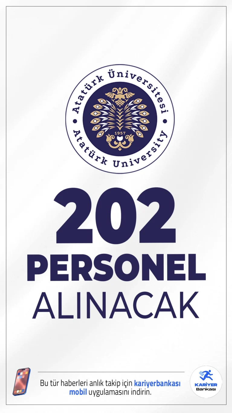 Atatürk Üniversitesi 202 Personel Alımı Yapacak.Atatürk Üniversitesi, Sağlık Araştırma ve Uygulama Merkezi Müdürlüğü (Hastane) bünyesinde görevlendirilmek üzere toplam 202 sözleşmeli personel alımı yapacağını duyurdu. Bu kapsamda KPSS (B) grubu puan sıralamasına göre farklı unvan ve öğrenim düzeylerinden adaylar arasından alım gerçekleştirilecek.