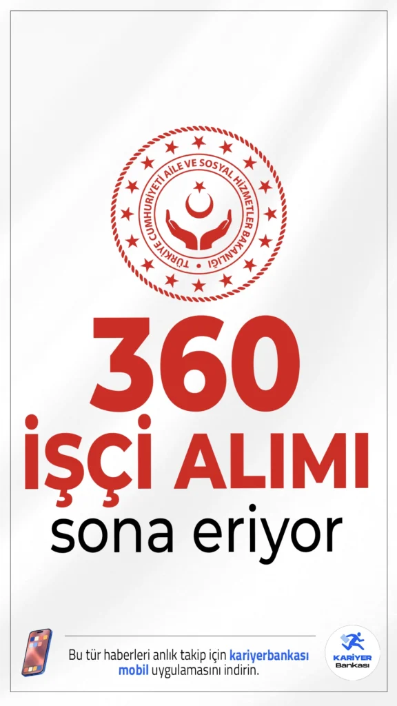 Aile Bakanlığı 360 İşçi Alımı Başvuruları Sona Eriyor.Aile ve Sosyal Hizmetler Bakanlığı sürekli işçi alımı başvurularında sona gelindi. İlgili alım duyurusuna göre, Aile Bakanlığına en az ilkokul mezunlarından engelli ve eski hükümlü/TMY işçi alımı yapılacak.Başvurular bugün(16 Haziran) sona eriyor. Başvuru yapacak adayların genel ve özel şartları taşıması gerekmektedir. İşte şartlar ve diğer tüm detaylar..