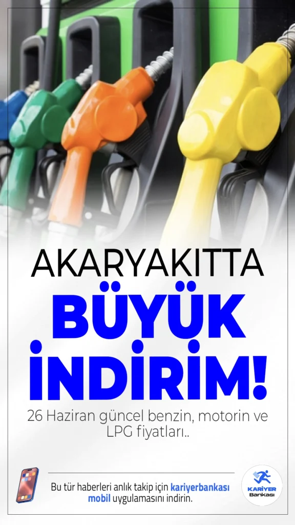 Akaryakıtta Büyük İndirim: İşte 26 Haziran 2025 Güncel Benzin, Motorin ve LPG Fiyatları.Brent petrol fiyatlarındaki düşüş ve dövizdeki gerileme, akaryakıt fiyatlarına indirim olarak yansıdı. Benzine 2,63 TL, motorine ise tam 4,03 TL indirim yapıldı. İşte il il güncel fiyatlar...