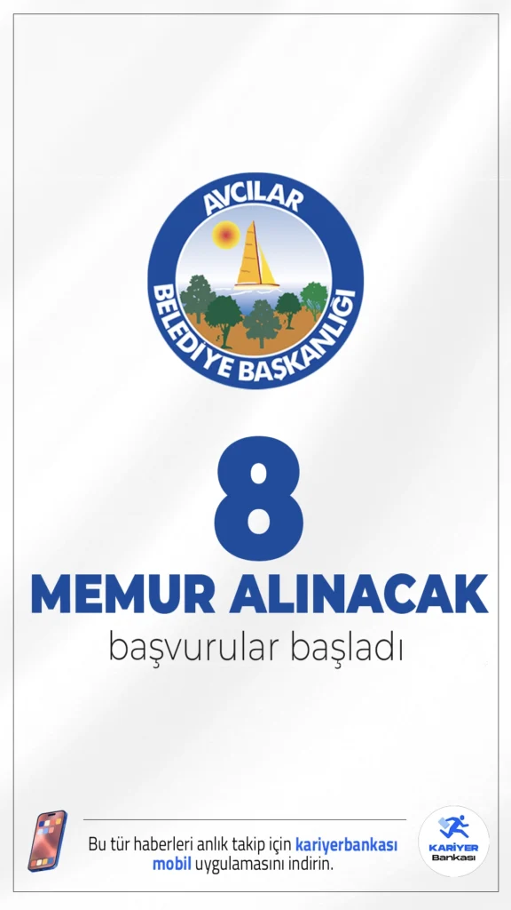 Avcılar Belediyesi 8 Memur Alımı Başvuruları Başladı!İstanbul’un Avcılar Belediyesi, 657 sayılı Devlet Memurları Kanunu kapsamında, ilk defa atanmak üzere toplamda 8 kamu personeli alımı gerçekleştirecek. Alım kapsamında veznedar, tahsildar ve zabıta memuru istihdam edilecek.