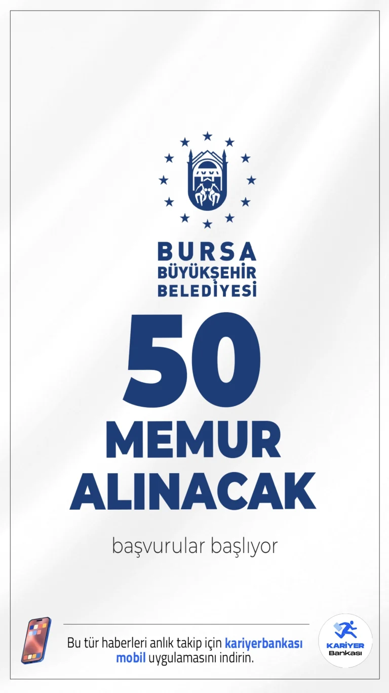 Bursa Büyükşehir Belediyesi 50 Memur Alımı Başlıyor.Bursa Büyükşehir Belediyesi, 657 sayılı Devlet Memurları Kanunu kapsamında memur alımı başvuruları başlıyor. Adayların başvuru yapabileceği kadrolar ve şartlar detaylandırılmış olup, hem ön lisans hem de lisans mezunları ilana başvurabilecek.İşte şartlar ve diğer detaylar....