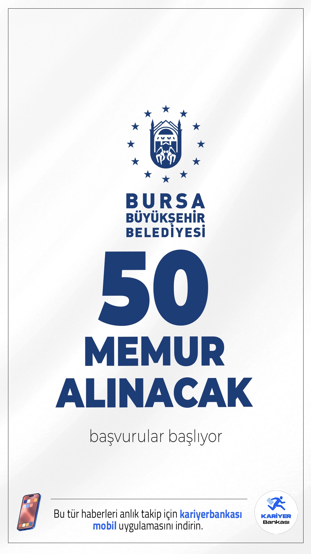Bursa Büyükşehir Belediyesi 50 Memur Alımı Başlıyor.Bursa Büyükşehir Belediyesi, 657 sayılı Devlet Memurları Kanunu kapsamında memur alımı başvuruları başlıyor. Adayların başvuru yapabileceği kadrolar ve şartlar detaylandırılmış olup, hem ön lisans hem de lisans mezunları ilana başvurabilecek.İşte şartlar ve diğer detaylar....