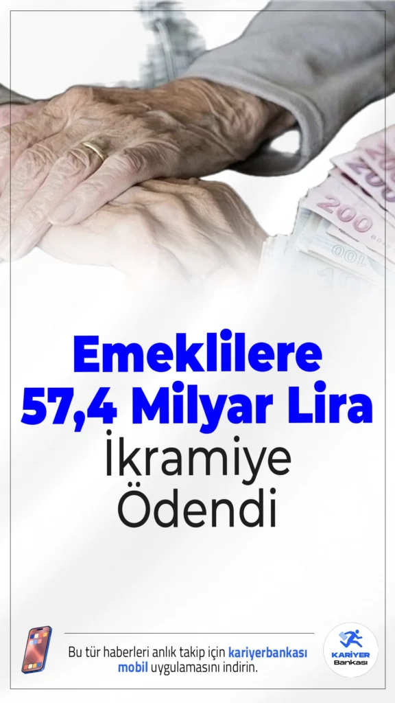 Emeklilere Kurban Bayramı Öncesi 57,4 Milyar Lira İkramiye Ödendi.Yaklaşık 16 milyon emekli ve hak sahibine toplam 57,4 milyar liralık bayram ikramiyesi yatırıldı; en yüksek ödeme bu yıl 4 bin liraya ulaştı.
