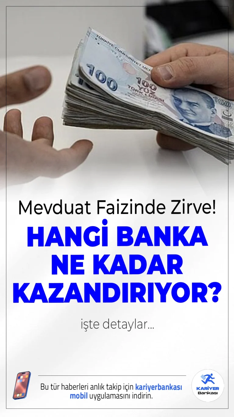 Mevduat Faizinde Zirve! İşte 100 Bin TL’nin 32 Günlük Getirisi.Merkez Bankası'nın faiz kararının ardından bankalar mevduat oranlarını güncelledi. 100 bin TL'lik mevduatın 32 günlük getirisi 2.482 TL ile 3.950 TL arasında değişiyor.