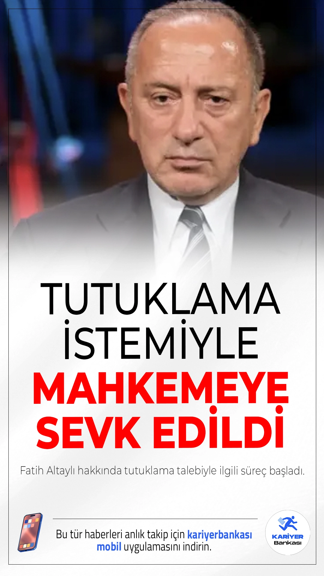 Fatih Altaylı Hakkında Tutuklama Talebiyle Süreç Başladı.Gazeteci Fatih Altaylı, YouTube yayınında sarf ettiği sözler nedeniyle cumhurbaşkanını tehdit suçlamasıyla gözaltına alındı ve tutuklama talebiyle mahkemeye sevk edildi.