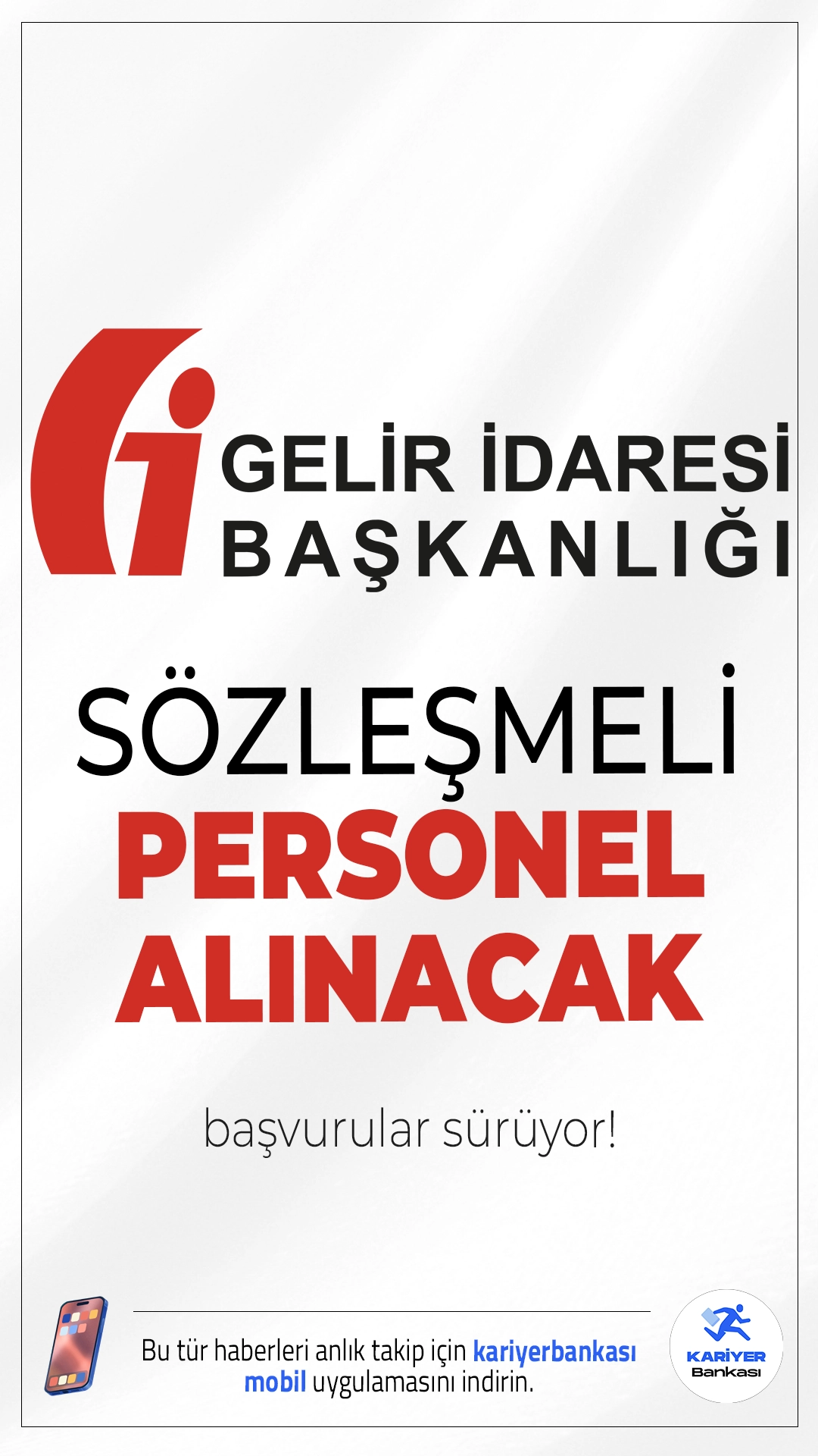Gelir İdaresi Başkanlığı (GİB) 81 Personel Alımı Başvuruları Sürüyor.Gelir İdaresi Başkanlığı (GİB) farklı branşlarda sözleşmeli personel alımı başvuruları sürüyor. Başvuru işlemleri Kariyer Kapısı sayfası üzerinden gerçekleştiriliyor. Başvuru yapacak adayların genel şartların yanı sıra, özel şartları da sağlaması gerekmektedir. Başvuru sayfası, şartlar ve diğer detaylar bu haberimizde.