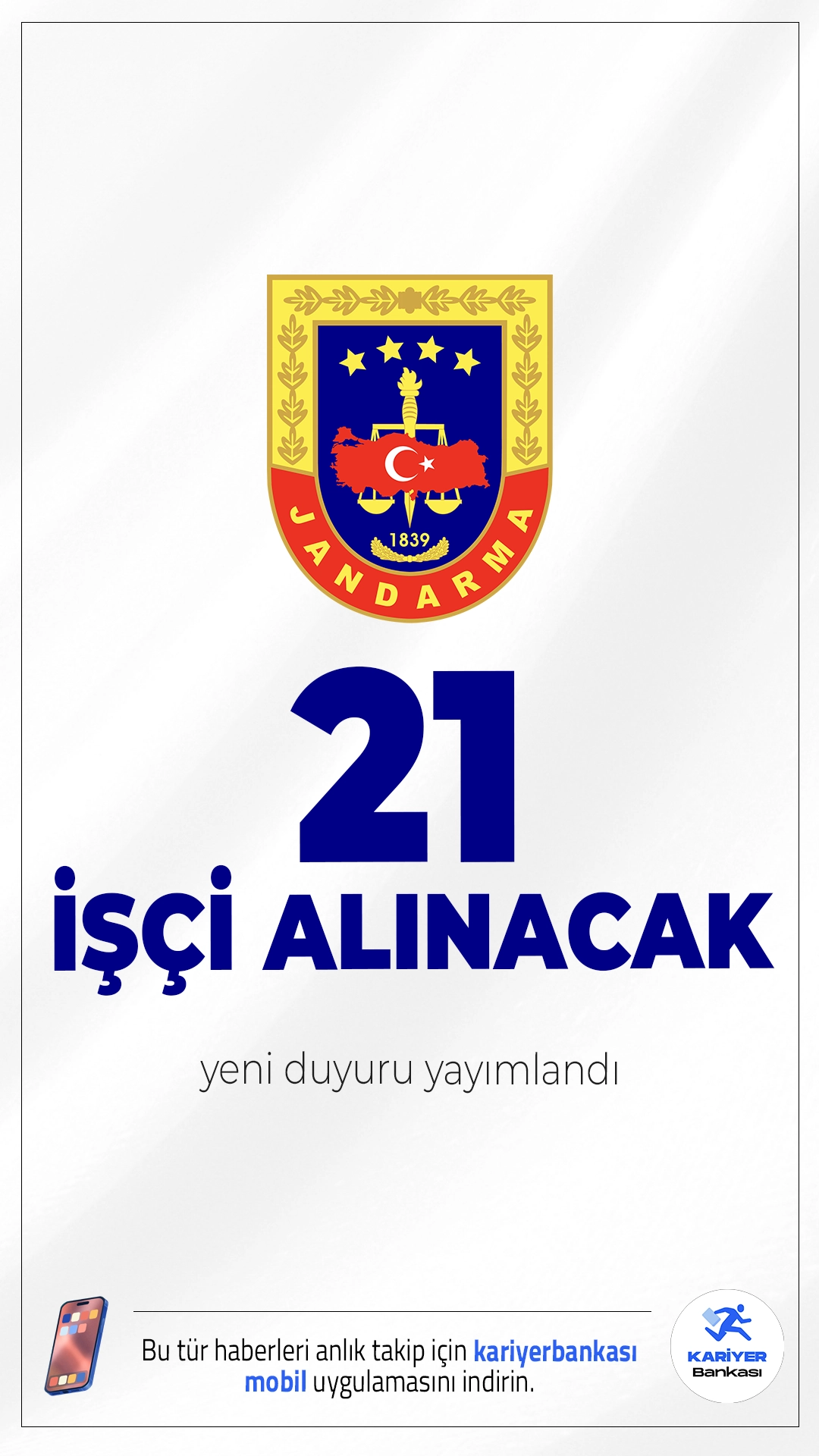 Jandarma 21 İşçi Alımı Başvuruları Başladı.Jandarma Genel Komutanlığı, Ankara Etimesgut’ta bulunan Jandarma Bakım Komutanlığı bünyesinde istihdam edilmek üzere 21 sürekli işçi alımı gerçekleştirecek. İlan, 4857 sayılı İş Kanunu ve Kamu Kurum ve Kuruluşlarına İşçi Alınmasında Uygulanacak Esaslar doğrultusunda yayımlandı.İşte şartlar ve diğer detaylar..