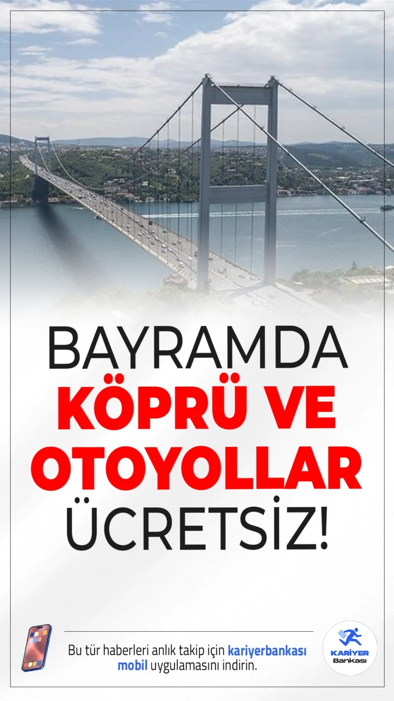 Kurban Bayramı’nda Köprü ve Otoyollar Ücretsiz Olacak!Kurban Bayramı süresince Karayolları Genel Müdürlüğü sorumluluğundaki otoyol ve köprüler ile şehir içi toplu taşıma araçları belirli tarihler arasında ücretsiz hizmet verecek.