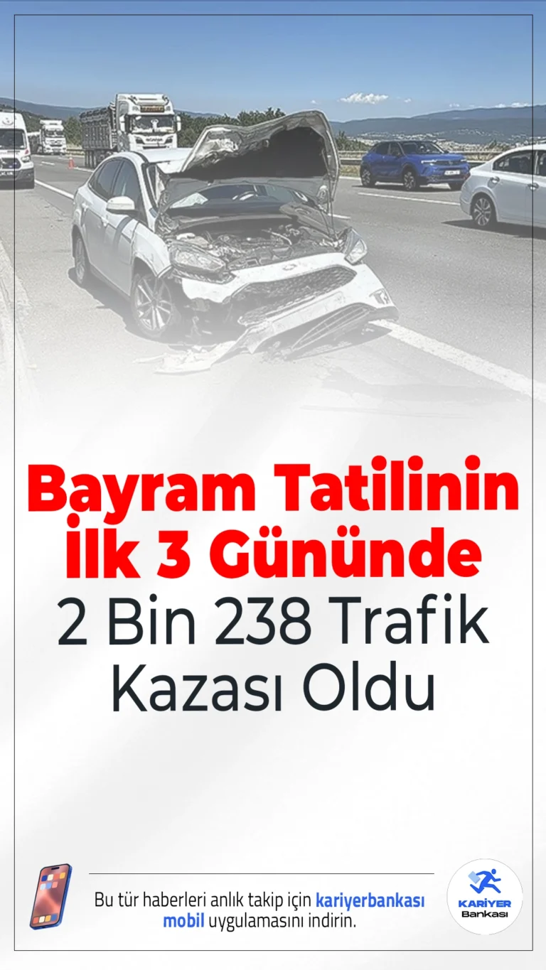Bayram Tatilinde Acı Tablo: İlk 3 Günde 2.238 Trafik Kazası, 26 Can Kaybı.Bayramın ilk üç günü boyunca meydana gelen trafik kazalarında 26 kişi hayatını kaybetti, 3.590 kişi yaralandı. Denetimlerde 1.3 milyon araç kontrol edildi.