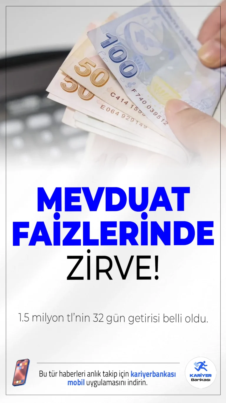 Mevduat Faizlerinde Zirve Seviyesi Aşıldı: 1.5 Milyon TL’ye 32 Günde 58 Bin TL’ye Varan Kazanç!1 milyon 500 bin TL'nin 32 günlük mevduat getirisi, bankaların faiz oranlarına göre 42 bin TL'den başlayıp 58 bin TL'ye kadar ulaşıyor. İşte güncel oranlar ve kazanç hesaplamaları...