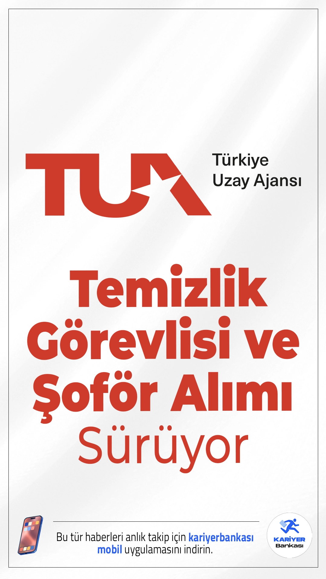Türkiye Uzay Ajansı Temizlik Görevlisi ve Şoför Alımı Sürüyor.Türkiye Uzay Ajansı Başkanlığı, 657 sayılı Devlet Memurları Kanunu’nun 4/B maddesi kapsamında sözleşmeli personel alımı yapacak. Alım, KPSS P94 puan sıralaması esas alınarak, yazılı veya sözlü sınav yapılmaksızın gerçekleştirilecek.Başvuru yapacaka dayların genel ve özel şartları sağlaması gerekmektedir.İşte şartlar ve başvuru bilgileri..