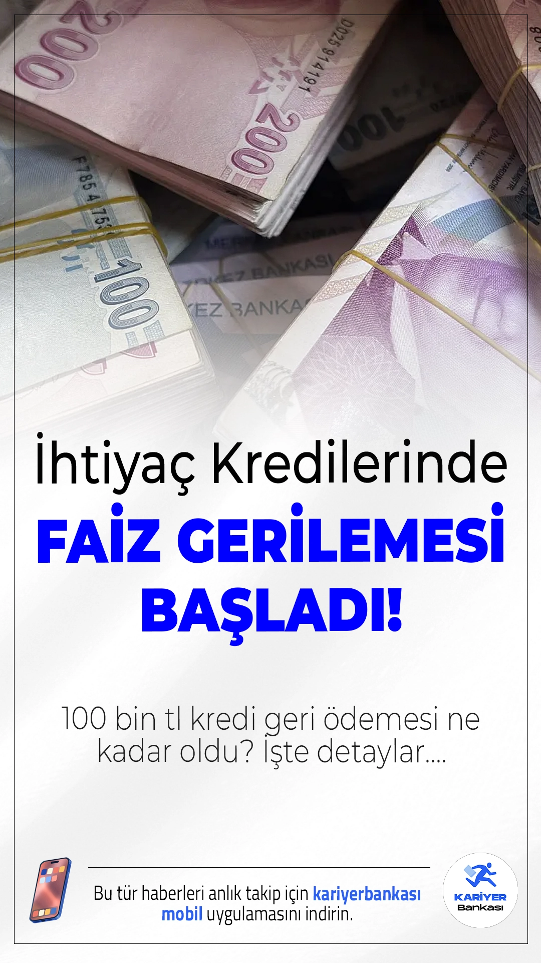 İhtiyaç Kredilerinde Faiz Gerilemesi Başladı! 100 Bin TL Kredi Geri Ödemesi Ne Kadar Oldu?Merkez Bankası’nın politika faizini %43’e çekmesi sonrası bankalar da ihtiyaç kredisi oranlarını düşürmeye başladı. 100 bin TL için 12, 24 ve 36 ay vadede güncel geri ödeme planları dikkat çekiyor.