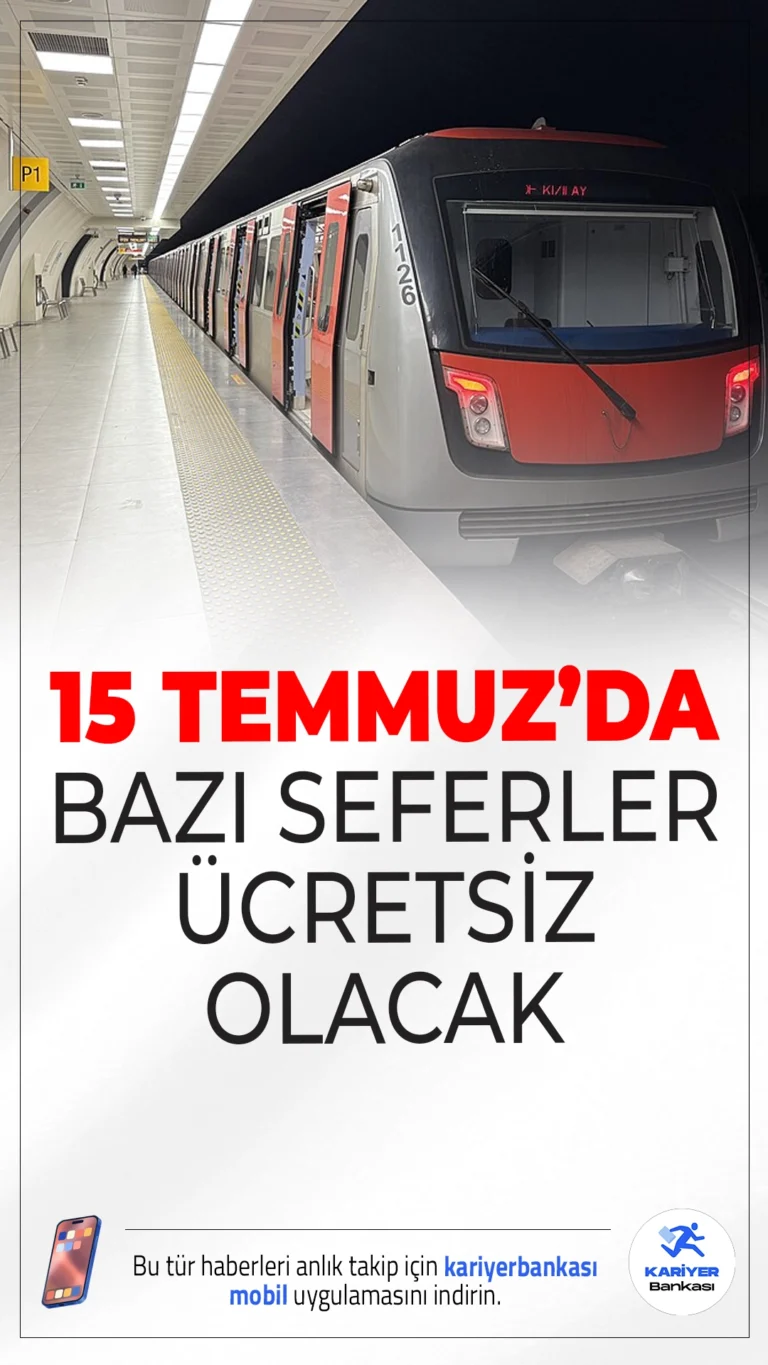 15 Temmuz'da Bazı Seferler Ücretsiz Olacak.15 Temmuz Demokrasi ve Milli Birlik Günü'ne özel olarak İstanbul, Ankara ve İzmir'de bazı toplu taşıma hatlarında ulaşım ücretsiz olacak.