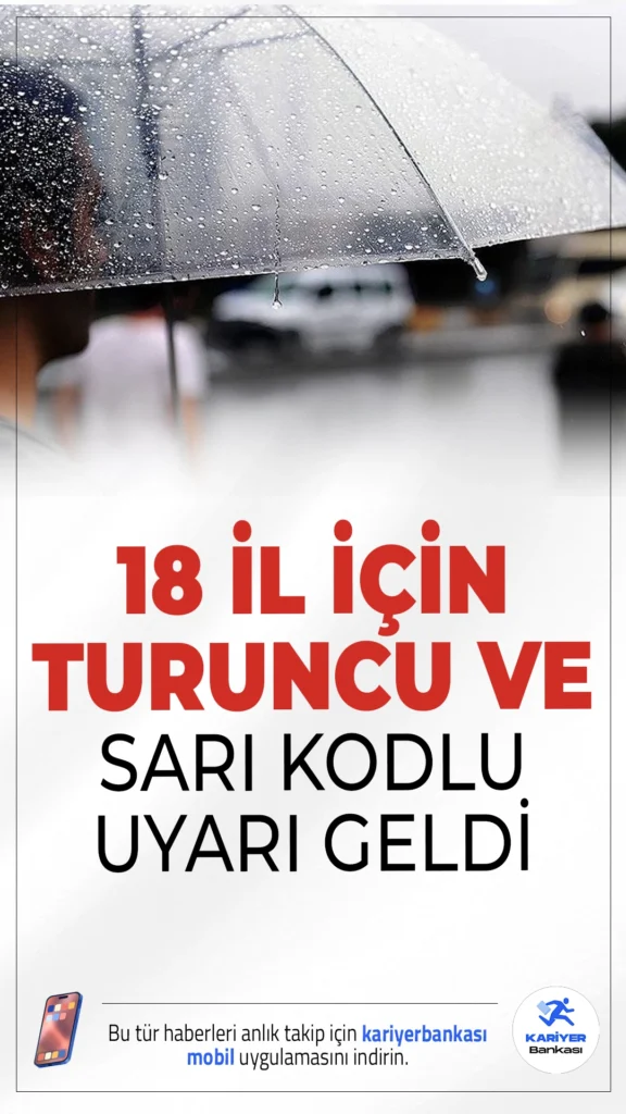 Meteoroloji'den 18 il için Sarı ve Turuncu Kodlu Uyarı! Sağanak ve Fırtınaya Dikkat.Türkiye'nin kuzey, iç ve doğu kesimlerinde etkili olması beklenen sağanak yağışlar ve kuvvetli rüzgar için 18 ilde sarı ve turuncu kodlu uyarı yapıldı.