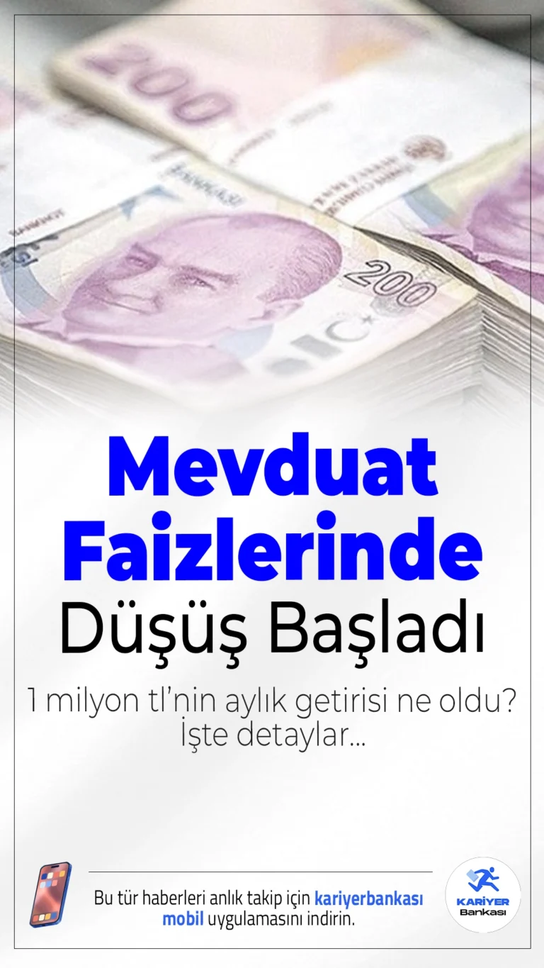 Mevduat Faizlerinde Düşüş Başladı: 1 Milyon TL’nin Aylık Getirisi Ne Oldu?TCMB’nin faiz indirimi sonrası bankalar da mevduat faizlerini aşağı çekti. Yüzde 49’luk oranla 1 milyon TL'nin getirisi artık 35 bin TL seviyesinde.
