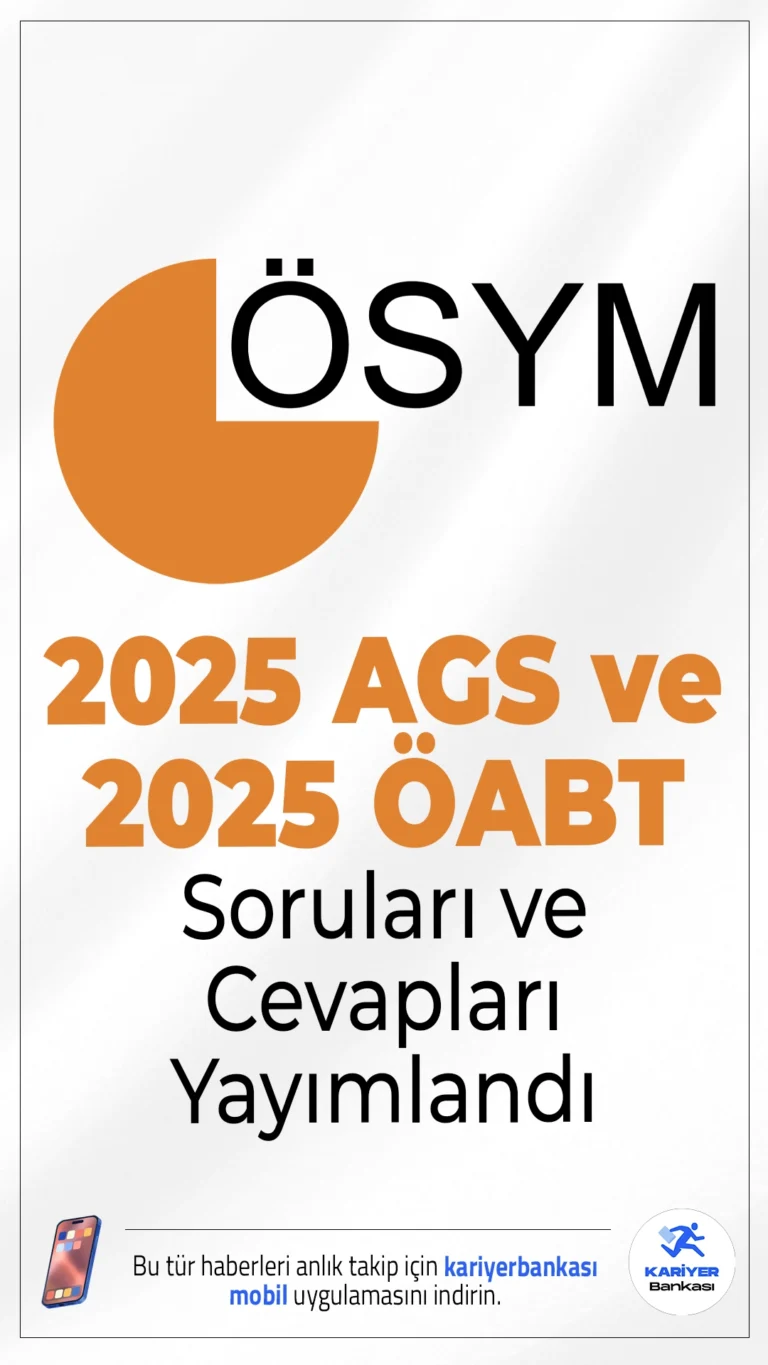 2025 AGS ve 2025 ÖABT: Soruları ve Cevapları Yayımlandı.ÖSYM sayfasından yayımlanan duyuruda, 13 Temmuz 2025 tarihinde uygulanan 2025 Millî Eğitim Bakanlığı Akademi Giriş Sınavı’nın (2025-MEB-AGS), 2025 Akademi Giriş Sınavı (2025-AGS) ile 2025 Öğretmenlik Alan Bilgisi Testi (2025-ÖABT) oturumlarının Temel Soru Kitapçıkları ile Cevap Anahtarları’nın %10’unun yayımlandığı aktarıldı.
