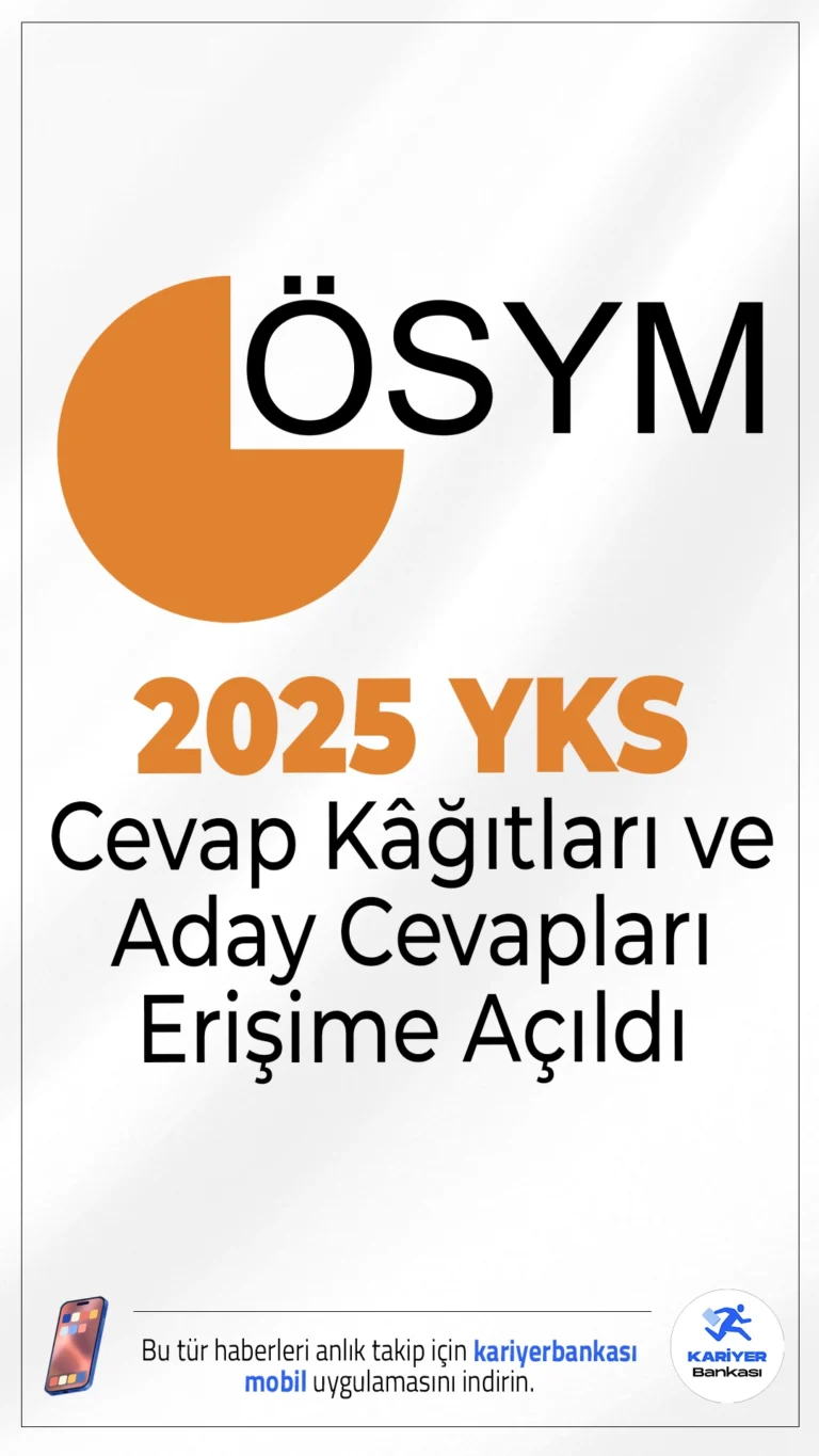 2025 YKS Cevap Kâğıtları ve Aday Cevapları Erişime Açıldı.ÖSYM sayfasından gelen son dakika duyurusuna göre, 21 Haziran 2025 tarihinde uygulanan 2025-YKS 1. Oturum Temel Yeterlilik Testi (TYT), 22 Haziran 2025 tarihinde uygulanan 2025-YKS 2. Oturum Alan Yeterlilik Testleri (AYT) ve 2025-YKS 3. Oturum Yabancı Dil Testi (YDT) adaylarının cevap kâğıtlarının görüntüleri, cevap kâğıtlarına yapmış oldukları işaretlemelerin optik okuyucular tarafından okunması sonucu elde edilen cevapları ve soruların doğru cevapları; sınava giren adayların sorulara verdikleri yanıtlarını ve değerlendirme sonuçların erişime açıldı.