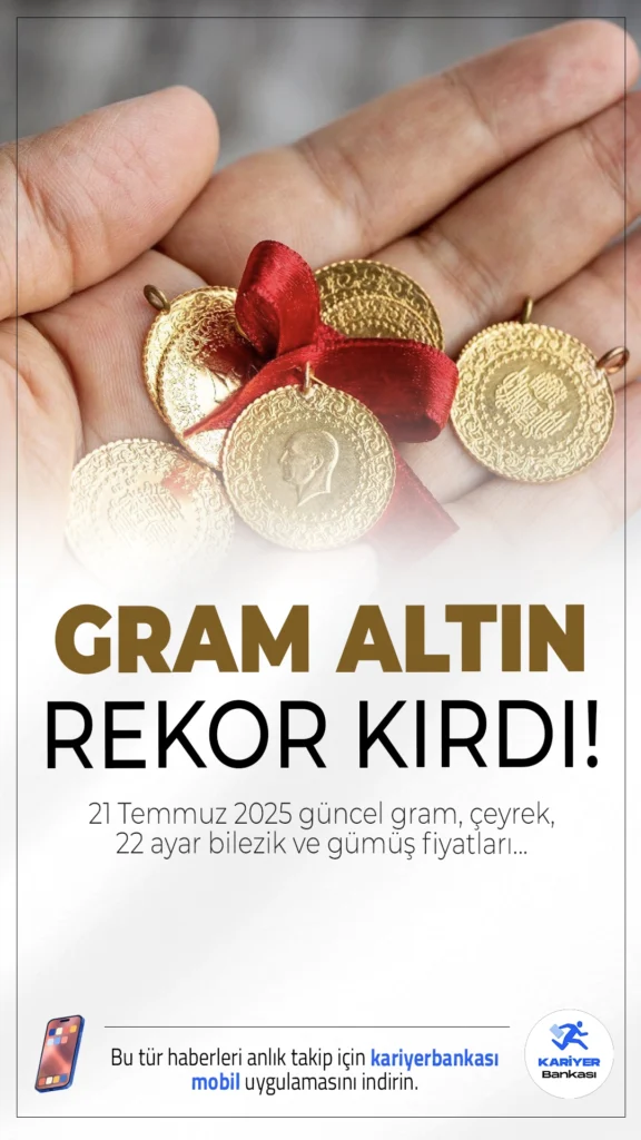 Gram Altın Rekor Tazeledi! İşte 21 Temmuz 2025 Altın ve Gümüş Fiyatları….Gram altın haftaya rekor tazeleyerek başladı.Serbest piyasalarda gram altın  4.376,95 TL'den işlem görürken, çeyrek altın 7.107,74 TL’den alıcı buluyor.Yarım altın 14.215,48 TL, tam altın ise 28.344,02 TL’den satılıyor.