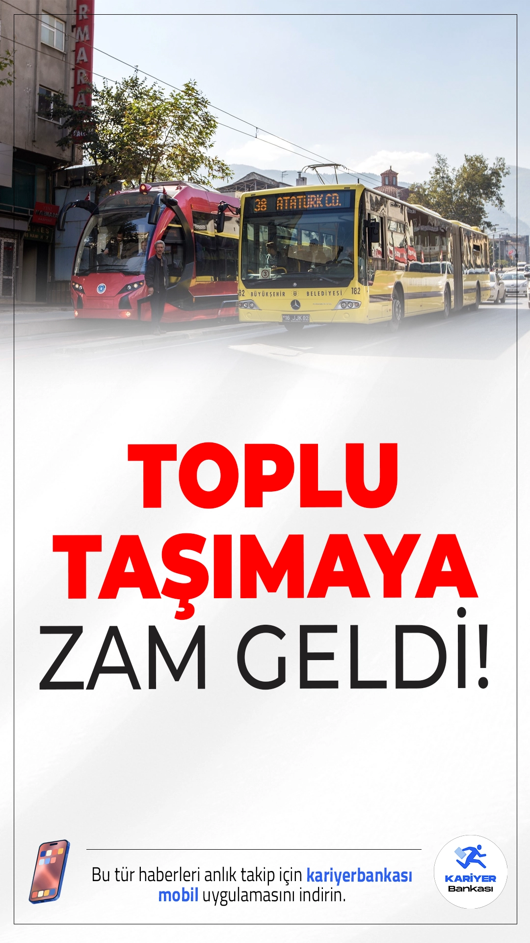 Bursa'da Toplu Taşıma Ücretlerine Zam Geldi!Bursa’da toplu taşıma ücretlerine yapılan zam 7 Temmuz itibarıyla yürürlüğe girdi. Yeni tarifeye göre, tam bilet 35 TL, öğrenci bileti ise 8,5 TL oldu.