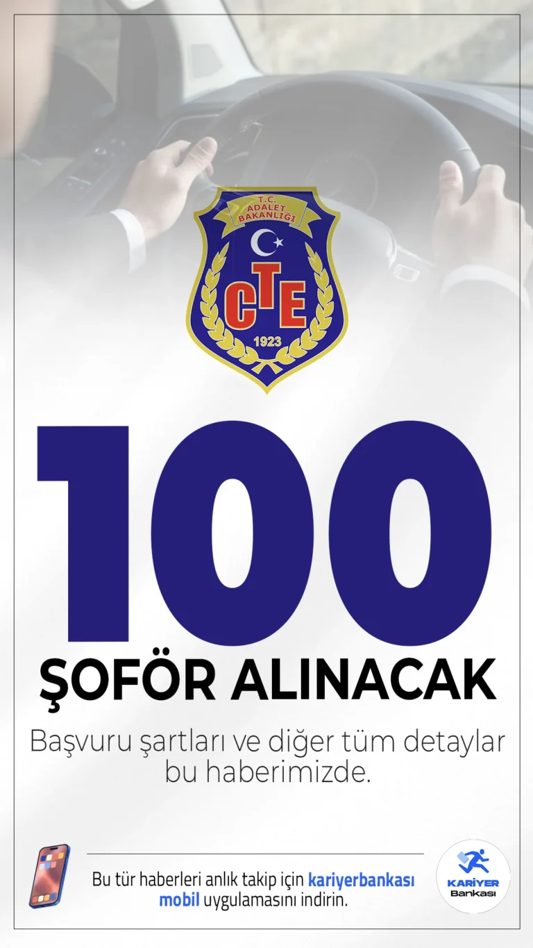 CTE 100 Şoför Alımı Yapacak.Resmi Gazete'de yayımlanan duyuruya göre, Adalet Bakanlığı Ceza ve Tevkifevleri Genel Müdürlüğü'ne 100 şoför alımı yapılacak. İlgili duyuda en az lise mezunu olmak üzere, ön lisans ve lisans mezunlarından şoför alınacağı aktarıldı.Başvuru yapacak adayların genel şartların yanı sıra, özel şartları da taşıması gerekmektedir. İşte şartlar...