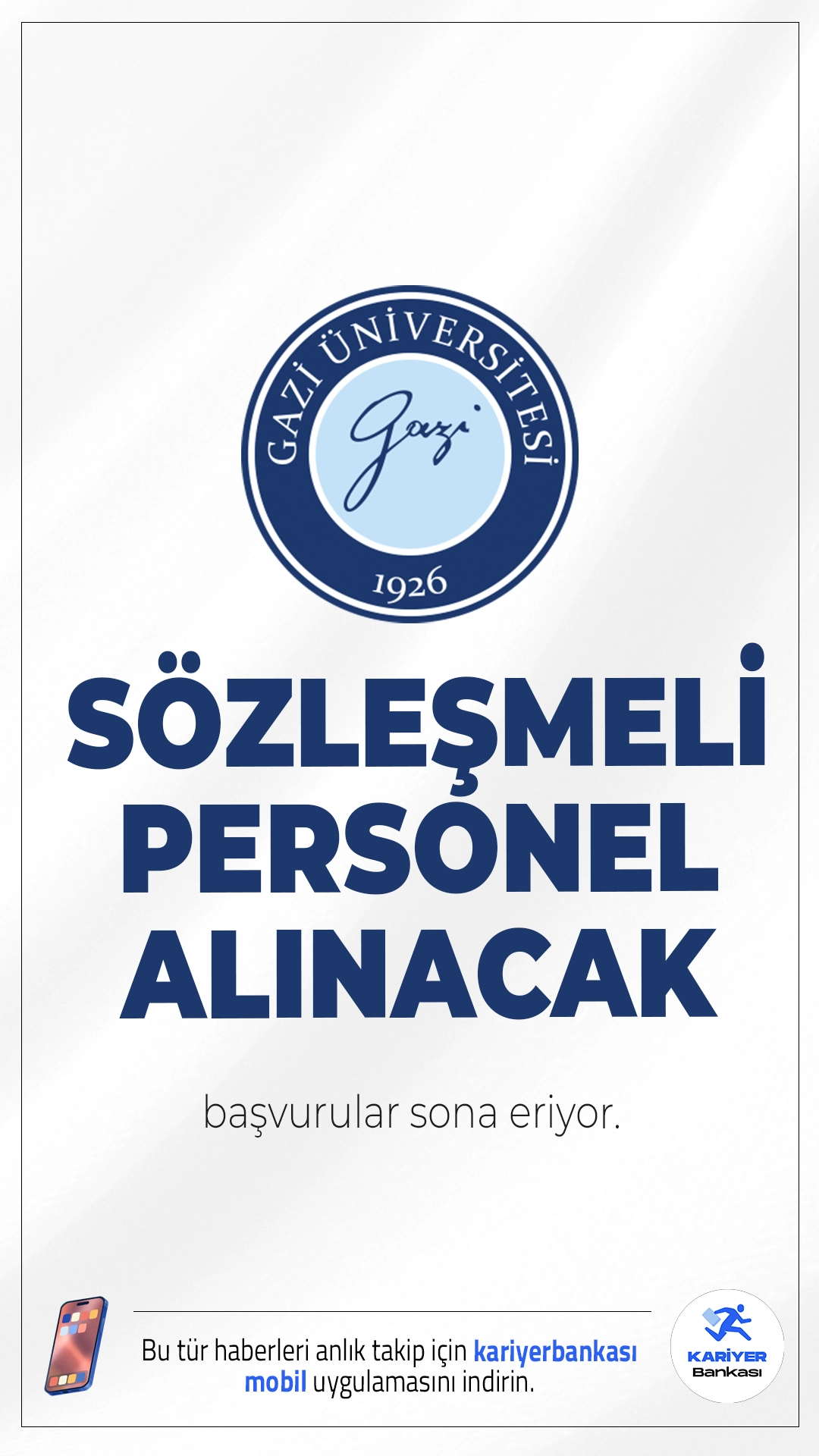 Gazi Üniversitesi 208 Personel Alımı Başvuruları Sona Eriyor.Gazi Üniversitesi personel alımı başvuruları bugün(18 Temmuz) sona eriyor. İlgili alım duyurusuna göre, Gazi Üniversitesi sağlık, teknik, destek hizmetleri ve güvenlik alanlarında sözleşmeli personel alımı yapacak.Başvuru yapacak adayların genel ve özel şartları taşıması gerekmektedir.İşte şartlar ve başvuru bilgileri..
