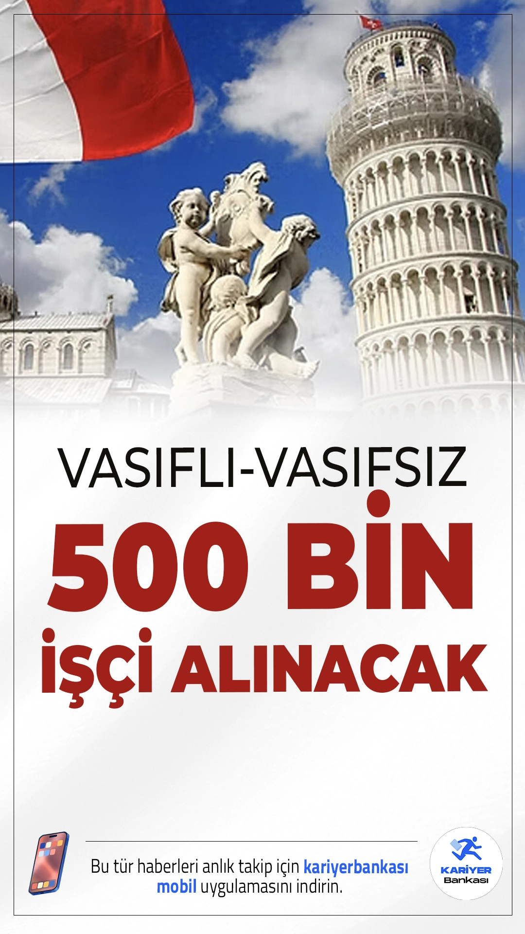 İtalya 500 Bin Vasıflı ve Vasıfsız İşçi Alımı Yapacak!İtalya Hükümeti, Avrupa Birliği üyesi olmayan ülkelerden toplamda 500 bin işçi alımı yapacağını resmen açıkladı. Bu kapsamlı iş gücü planlamasında Türkiye'den yapılacak başvurular da değerlendirilecek.