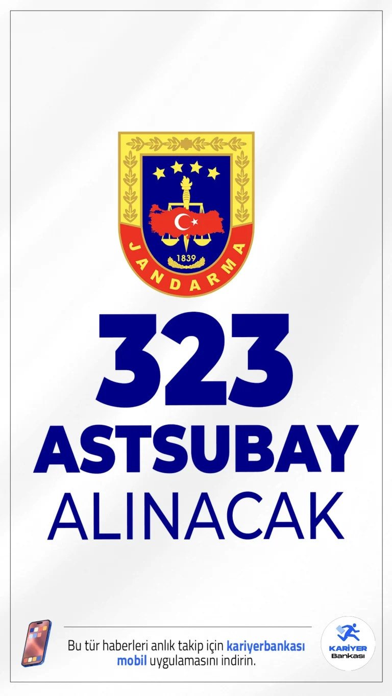 Jandarma 323 Astsubay Alımı Yapacak.Jandarma Genel Komutanlığı tarafından, 2025 yılı için Jandarma Astsubay Meslek Yüksekokulu’na (JAMYO) öğrenci temini yapılacağı duyuruldu. Toplamda 283 erkek, 40 kadın öğrenci olmak üzere toplamda 323 astsubay alımı gerçekleştirilecek. Bu kontenjanların %5’i ise şehit veya vazife malulü eş ve çocuklarına ayrılmış durumda.
